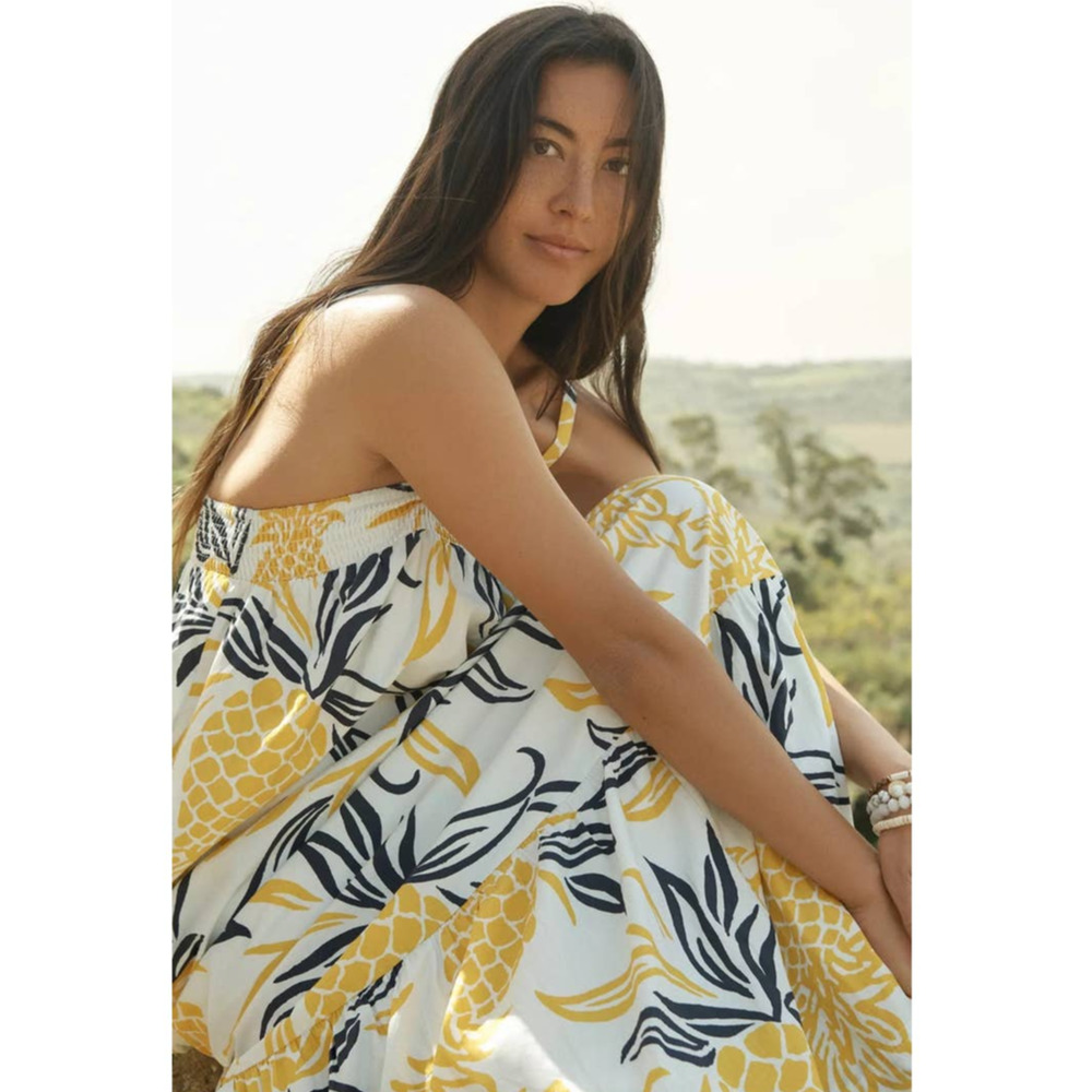 New Anthropologie Floral Flounced Maxi Dress $188 Yellow Pineapple Small